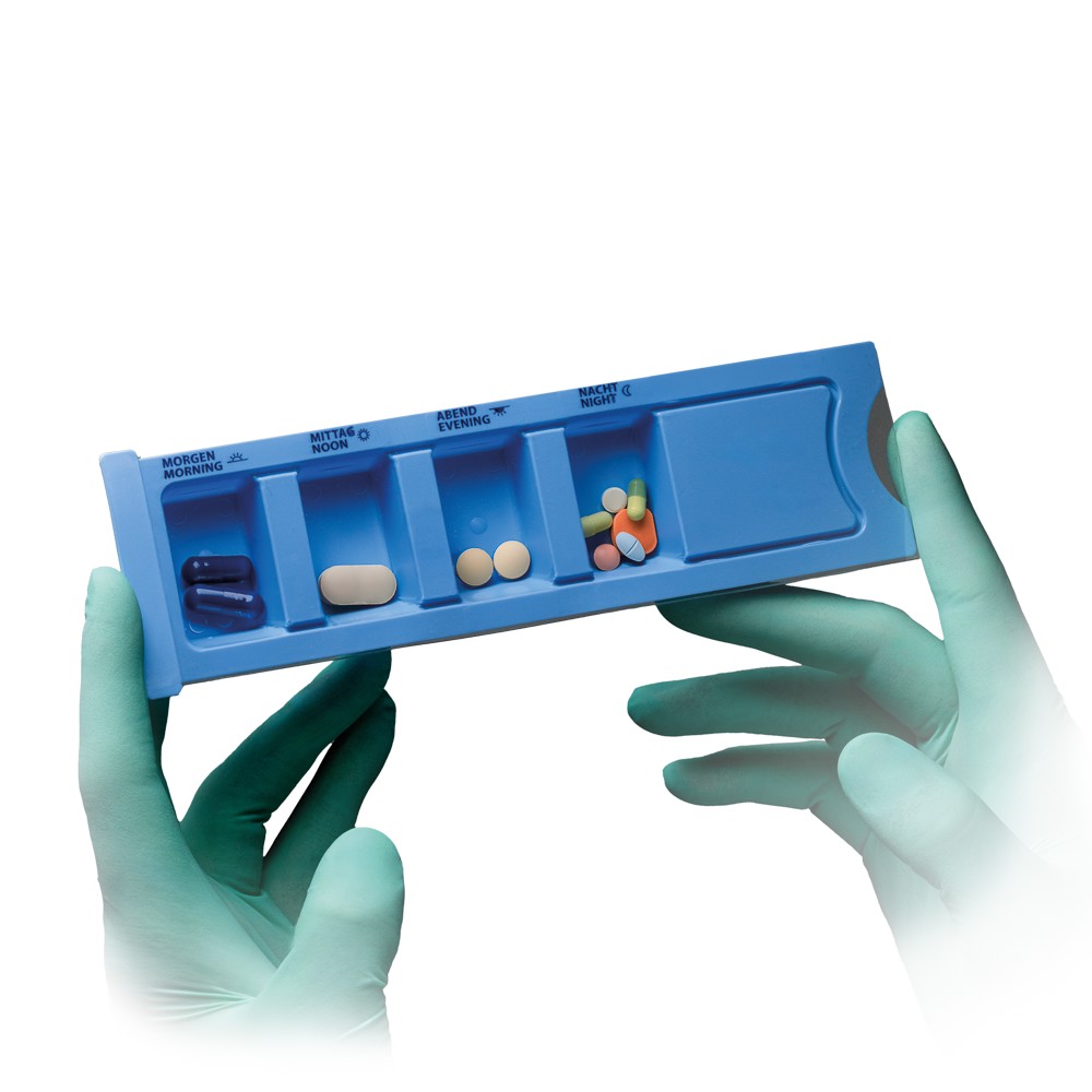 Bild von PP Einweg Medikamentendispenser, 4 Fächer, 22,2 x 6 x 1,5 cm, blau, Med-Comfort
