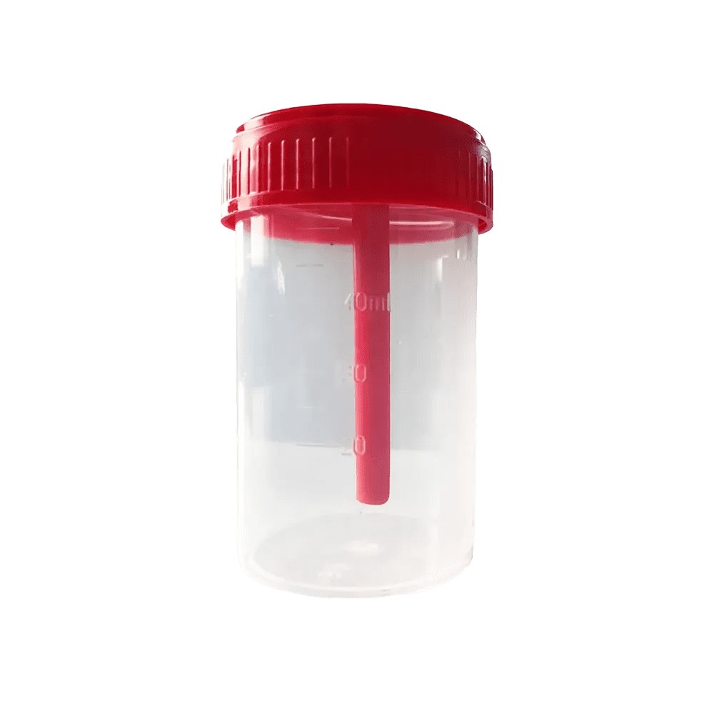 Bild von PP Stuhlsammelbehälter, 40 ml, transparent, milchig, rot mit PE Verschluss