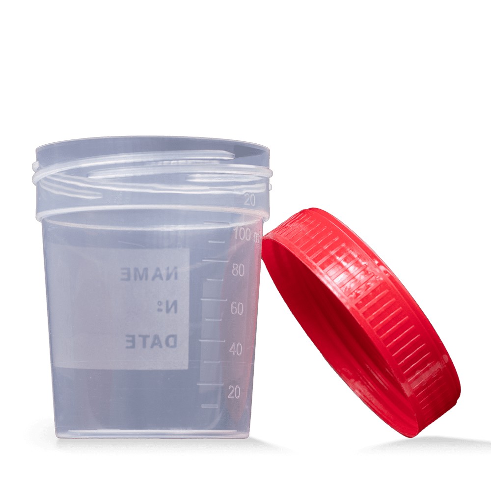 Bild von PP Urinsammelbehälter mit Schraubdeckel, 100 ml, Farbe transparent, milchig, rot