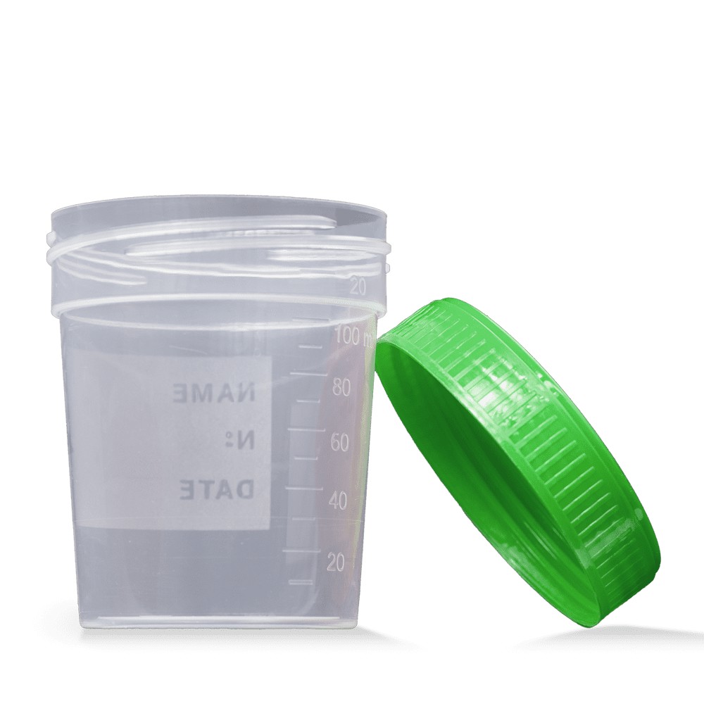Bild von PP Urinsammelbehälter mit Schraubdeckel, 100 ml graduiert, Farbe transparent, milchig, grün