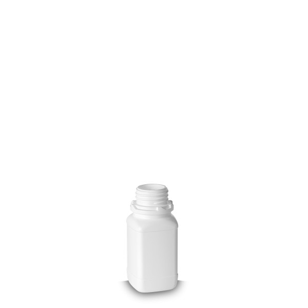 Bild von 100 ml UN-Vierkantflasche aus HDPE, weiß, Gewinde OV32 (eckig)