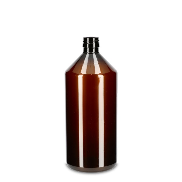 Bild von Rundflasche 1 L aus 100% rPET, braun, Gewinde PP 28