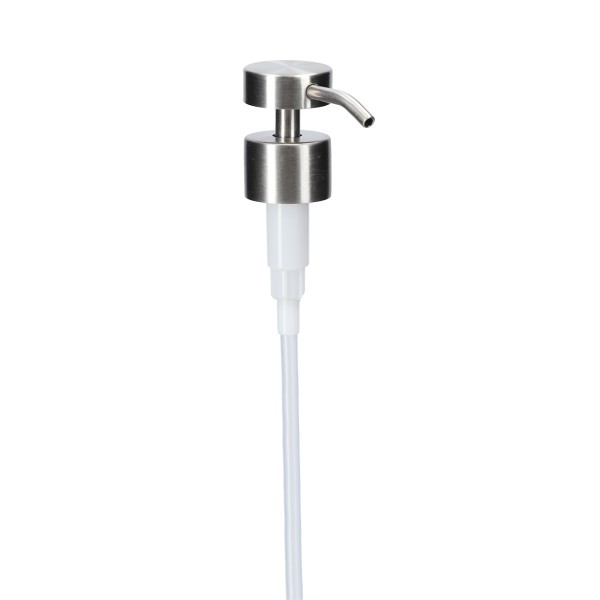 Bild von Lotionspumpe aus Edelstahl, silber – flacher Pumpkopf, Gewinde 28/400 (2ml Hub)
