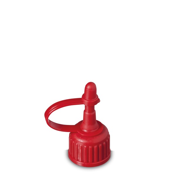 Bild von Spritzverschluss, rot, HDPE, Gewinde 18 (mit Halteband & Käppchen)