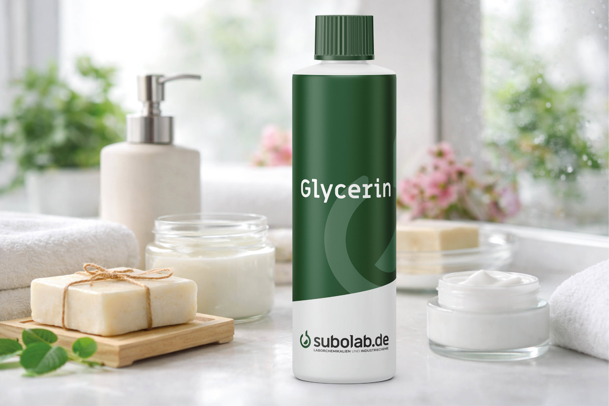 Glycerin-Flasche auf einem hellen Badezimmer- oder Kosmetiktisch, umgeben von Cremetiegeln, Seifen, Handtüchern und Spiegel mit leichter Feuchtigkeit – symbolisiert Anwendungen in Hautpflege, Seifen und Glasreinigung.