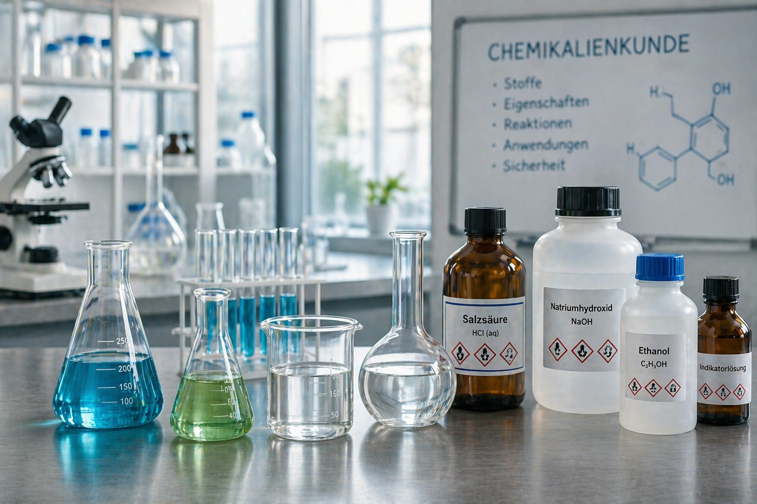 Moderne Laborszene mit verschiedenen Chemikalienflaschen, Reagenzgläsern und Laborgeräten auf einem Arbeitstisch, im Hintergrund eine Tafel mit Grundlagen der Chemikalienkunde.