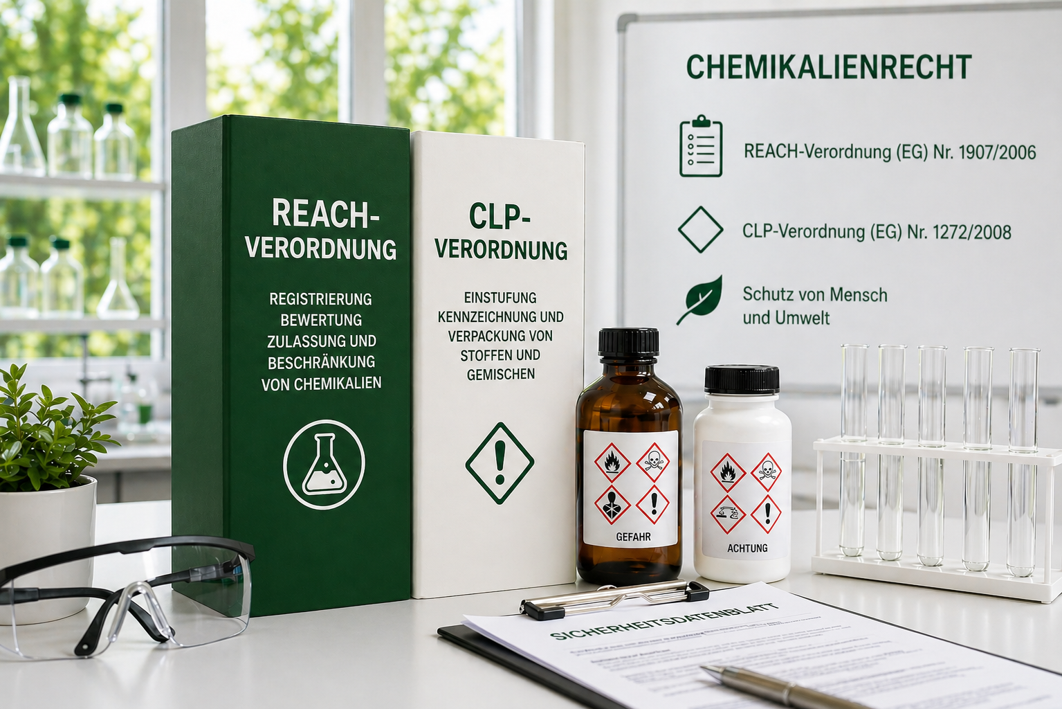 Modernes Labor-Setup mit Ordnern „REACH-Verordnung“ und „CLP-Verordnung“, Sicherheitsdatenblatt, Chemikalienflaschen mit Gefahrensymbolen und Reagenzgläsern, symbolisiert gesetzliche Vorgaben im Chemikalienrecht.