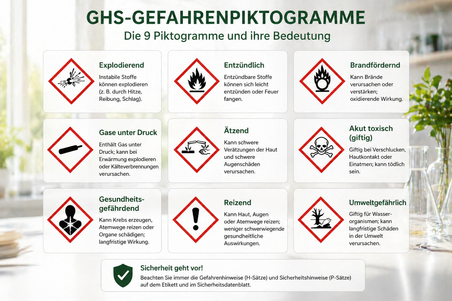 Infografik mit den neun GHS-Gefahrenpiktogrammen in roten Rauten, jeweils mit deutscher Bezeichnung und kurzer Erklärung zu Risiken wie entzündlich, ätzend, giftig oder umweltgefährlich, dargestellt vor einem hellen Laborhintergrund.