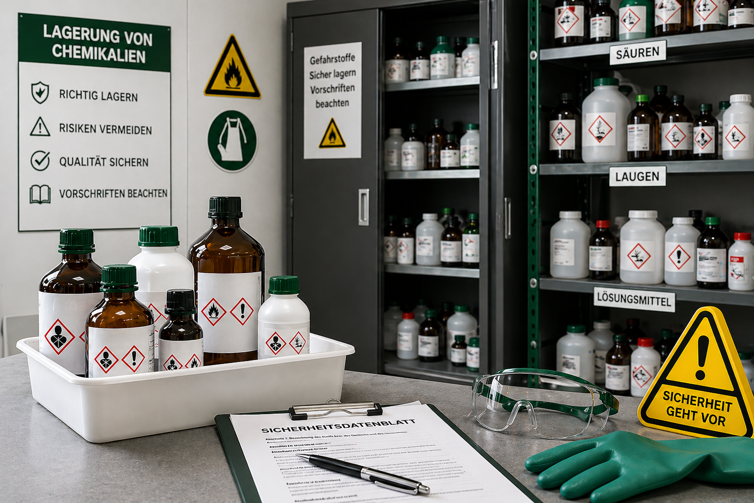 Modernes Chemikalienlager mit dunkelgrünen Regalen und Behältern mit grünen Deckeln sowie einem anthrazitfarbenen Sicherheitsschrank, ergänzt durch Schutzbrille, Handschuhe und Sicherheitsunterlagen zur sicheren Lagerung von Gefahrstoffen.