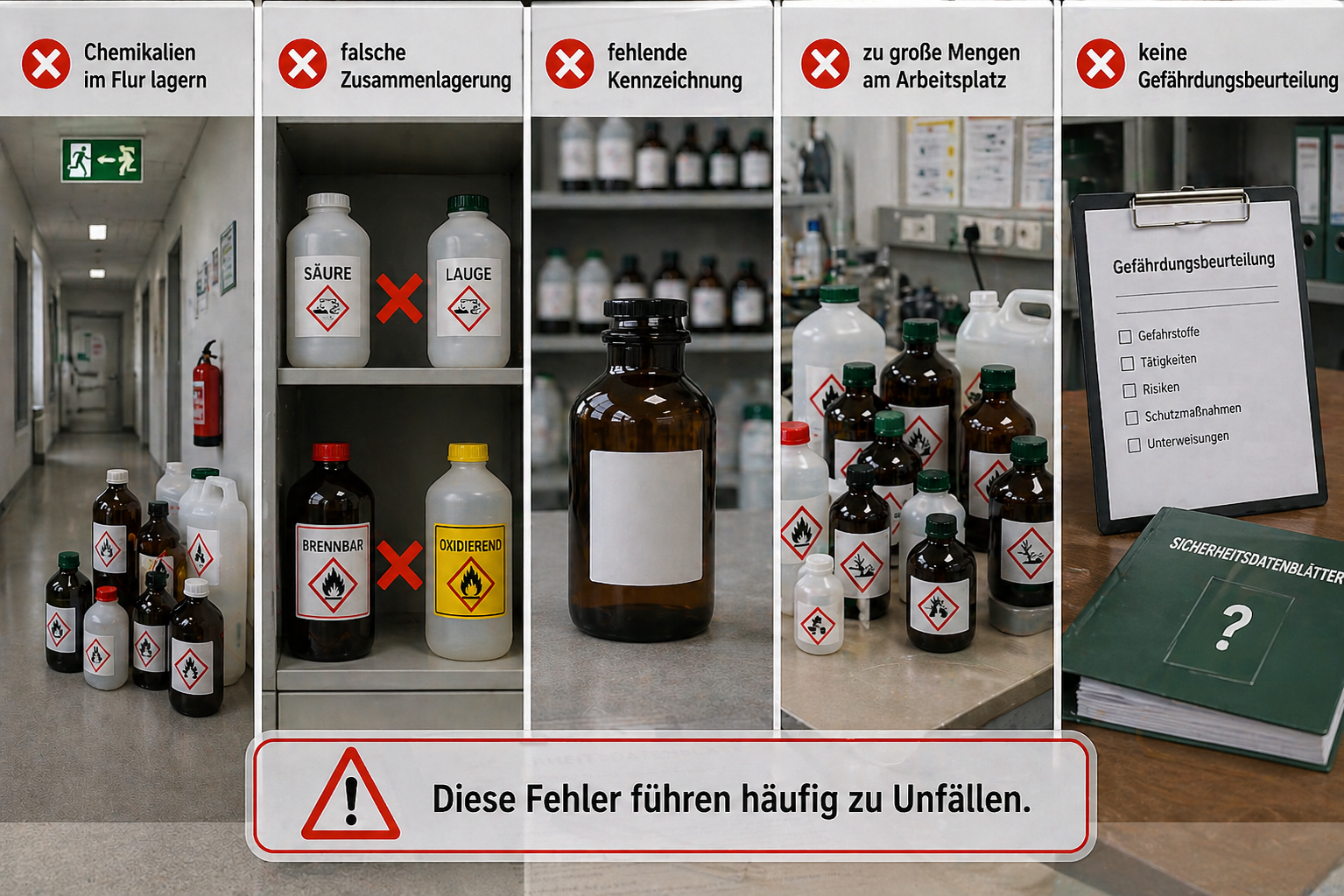 Infografik mit typischen Fehlern bei der Lagerung von Chemikalien, darunter Lagerung im Flur, falsche Zusammenlagerung, fehlende Kennzeichnung, zu große Mengen am Arbeitsplatz und fehlende Gefährdungsbeurteilung, jeweils mit Warnsymbolen dargestellt.