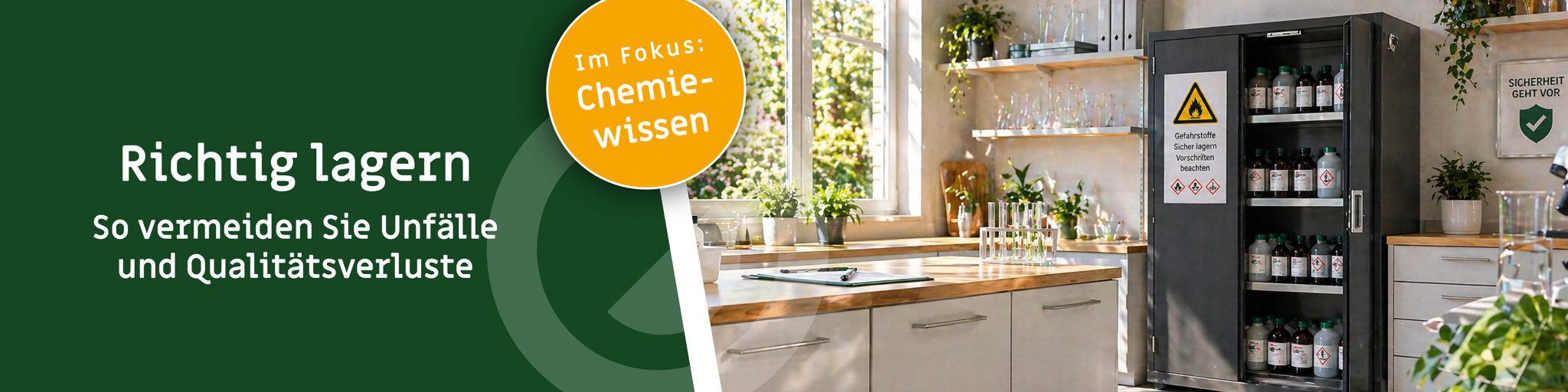 Banner mit grünem Textbereich „Richtig lagern“ und moderner, heller Laborszene mit großem Fenster, Pflanzen und einem anthrazitfarbenen Gefahrstoffschrank zur sicheren Lagerung von Chemikalien.