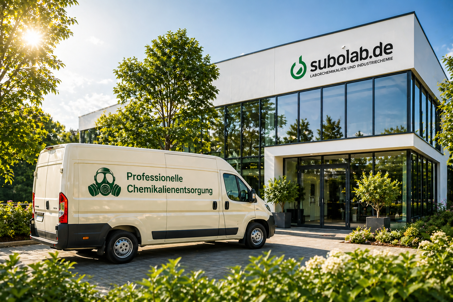 Sonnige Außenszene mit modernem Firmengebäude und großen Glasfenstern, umgeben von Grünflächen, davor ein cremefarbener Transporter mit der Aufschrift „Professionelle Chemikalienentsorgung“ und Atemschutzsymbol.