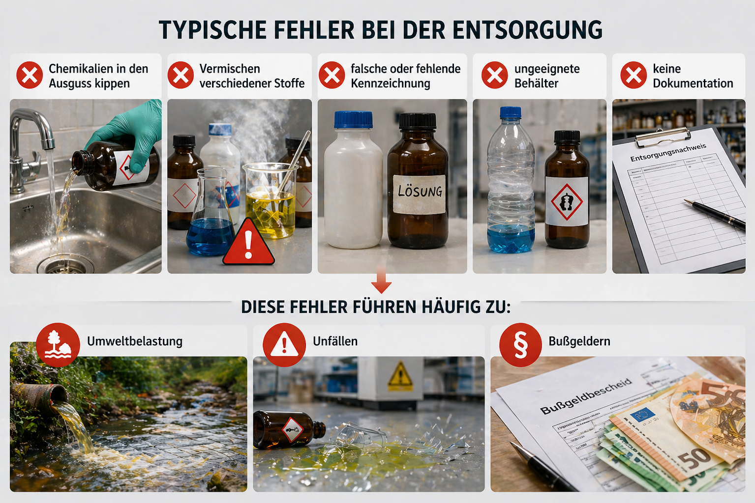 Infografik zu häufigen Fehlern bei der Entsorgung von Chemikalien, darunter Ausgussentsorgung, Vermischen von Stoffen, fehlende Kennzeichnung, ungeeignete Behälter und fehlende Dokumentation sowie die Folgen wie Umweltbelastung, Unfälle und Bußgelder.