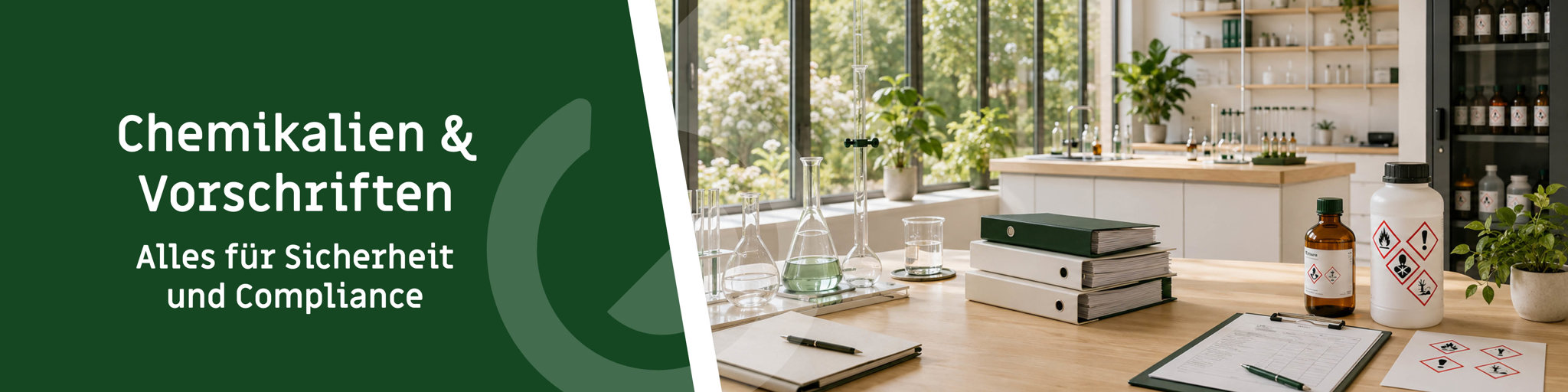 Banner zur Kategorie Chemikalien und Vorschriften mit modernem, hellem Labor, Glasgeräten, Ordnern, Sicherheitsunterlagen, Gefahrstoffsymbolen, Chemikalienbehältern und Gefahrstoffschrank als Symbol für Chemikalienkunde, REACH, CLP, Kennzeichnung, Lagerung und Entsorgung.