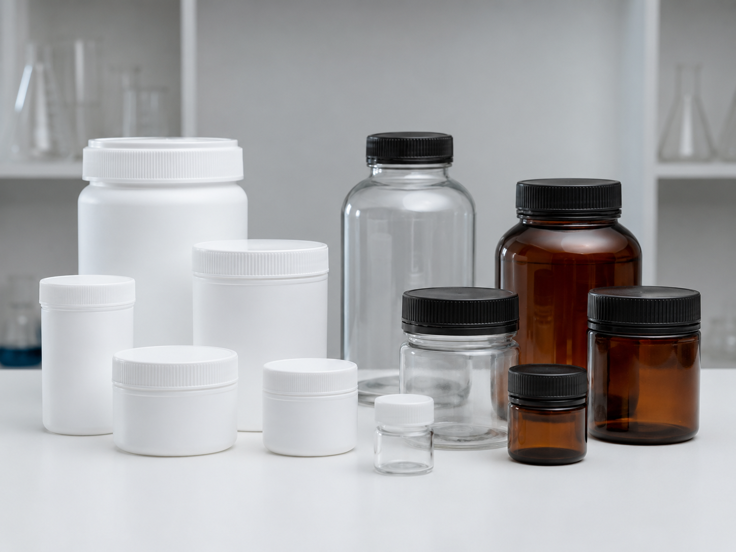 Verschiedene Dosen, Tiegel und Weithalsflaschen aus Kunststoff, Klarglas und Braunglas zur Lagerung von Pulvern, Salzen, Proben und Chemikalien.