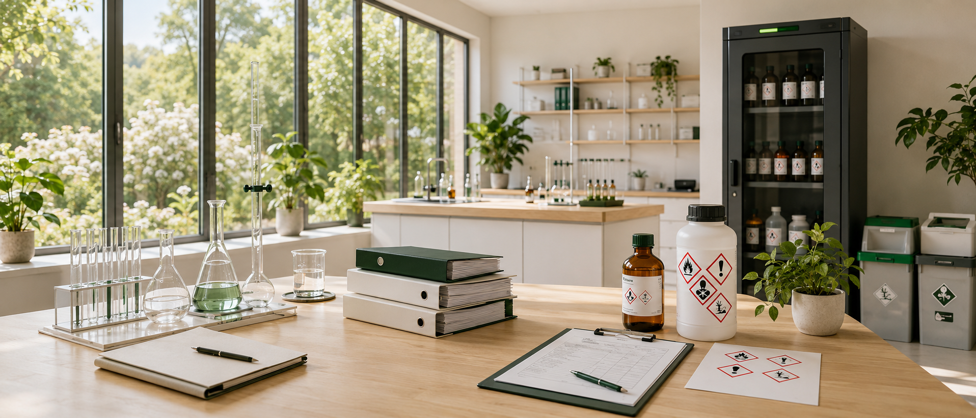 Bild mit Linkk zum Blogbeitrag Chemikalien und Vorschriften mit modernem, hellem Labor, Glasgeräten, Ordnern, Sicherheitsunterlagen, Gefahrstoffsymbolen, Chemikalienbehältern und Gefahrstoffschrank als Symbol für Chemikalienkunde, REACH, CLP, Kennzeichnung, Lagerung und Entsorgung.