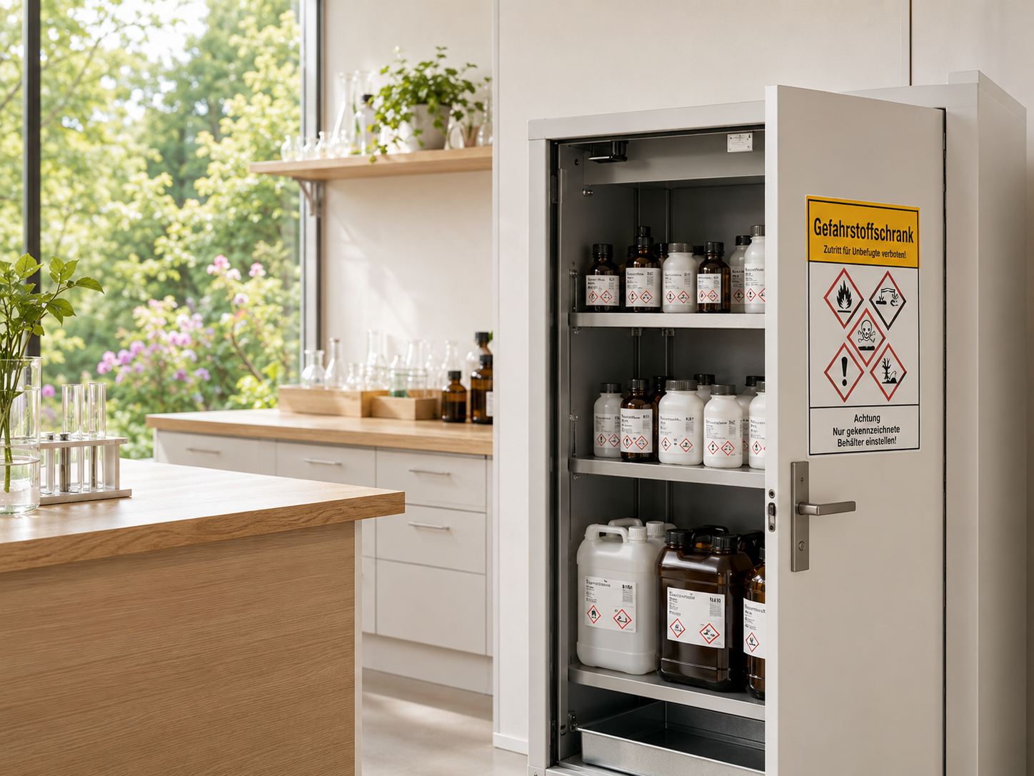 Gefahrstoffschrank im Labor: sichere Lagerung mit Kennzeichnung und Auffangwanne Gefahrstoffschrank mit Sicherheitskennzeichnung, geordneten Chemikaliengebinden und Auffangwanne in einem hellen Labor mit Holzarbeitsfläche und Tageslicht.