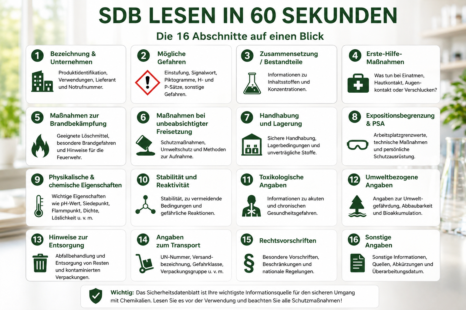 SDB lesen in 60 Sekunden: Die 16 Abschnitte des Sicherheitsdatenblatts Infografik zu den 16 Abschnitten eines Sicherheitsdatenblatts mit Symbolen für Gefahren, Erste Hilfe, Lagerung, PSA, Entsorgung, Transport und Rechtsvorschriften.