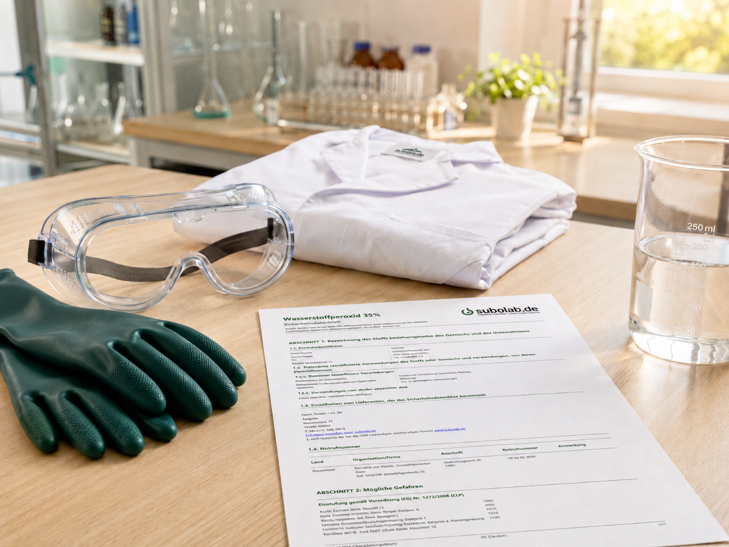 PSA im Labor: Schutzhandschuhe, Schutzbrille und Sicherheitsdatenblatt PSA-Set im Labor mit dunkelgrünen Schutzhandschuhen, Schutzbrille, Laborkittel und Sicherheitsdatenblatt auf einem hellen Holz-Labortisch.