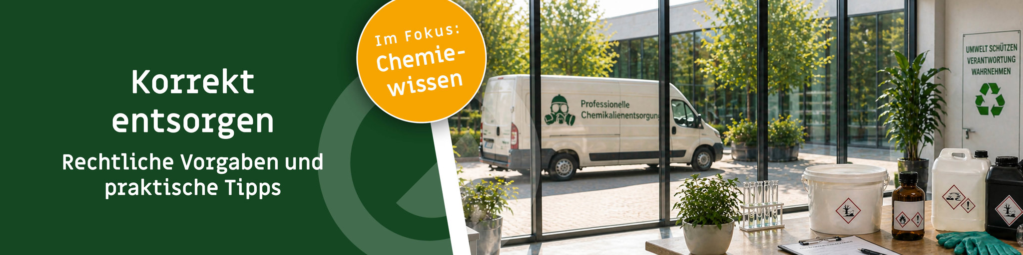 Banner zur sicheren Chemikalienentsorgung mit gekennzeichneten Gefahrstoffbehältern, Laborzubehör und einem Fahrzeug für professionelle Chemikalienentsorgung.
