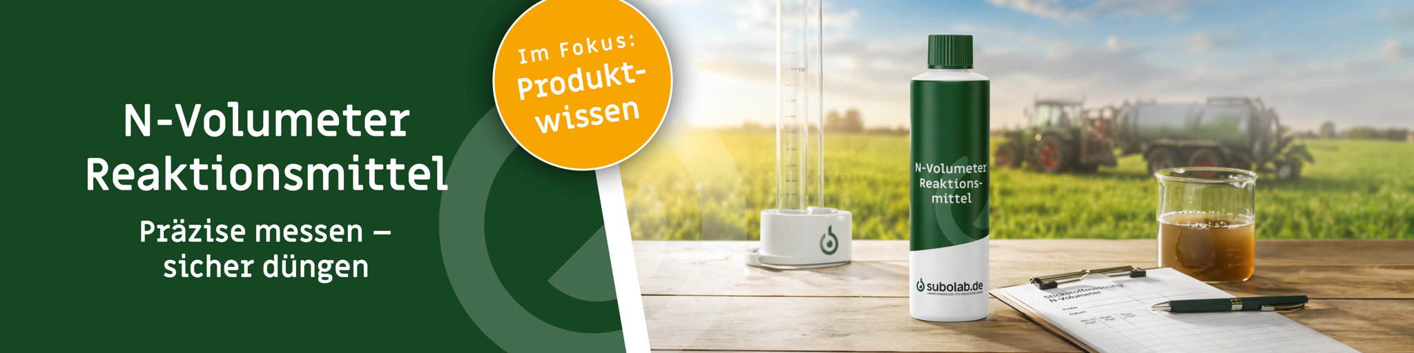 Werbebanner für N-Volumeter Reaktionsmittel mit grüner Flasche, Hinweis auf Natriumhypochlorit-Natronlauge-Mischung und Angebotspreis, zur schnellen und zuverlässigen Stickstoffanalyse in der Landwirtschaft.