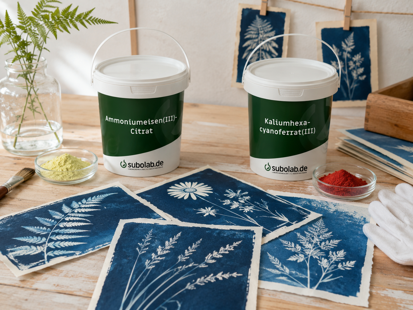 Cyanotypie selber machen – Eisenblaudruck mit Farnen, Blüten und Chemikalien Fertige Cyanotypien mit Farnen, Blüten und Gräsern auf einem Holztisch neben den SuboLab-Produkten Ammoniumeisen(III)-citrat und Kaliumhexacyanoferrat(III) sowie den zugehörigen Pulverproben.