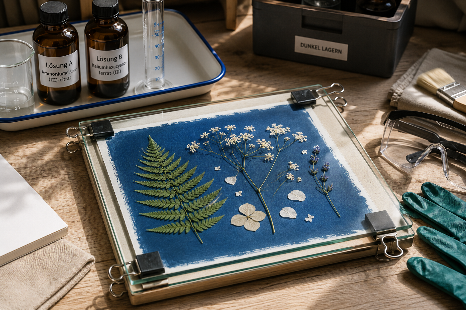 Cyanotypie vorbereiten – botanisches Motiv unter Glasplatte vor der Belichtung Vorbereitete Cyanotypie mit botanischen Motiven auf beschichtetem Papier unter einer Glasplatte, fixiert mit Klammern, daneben Lösung A, Lösung B, Messzylinder, Schutzbrille und Handschuhe auf einem Arbeitstisch.