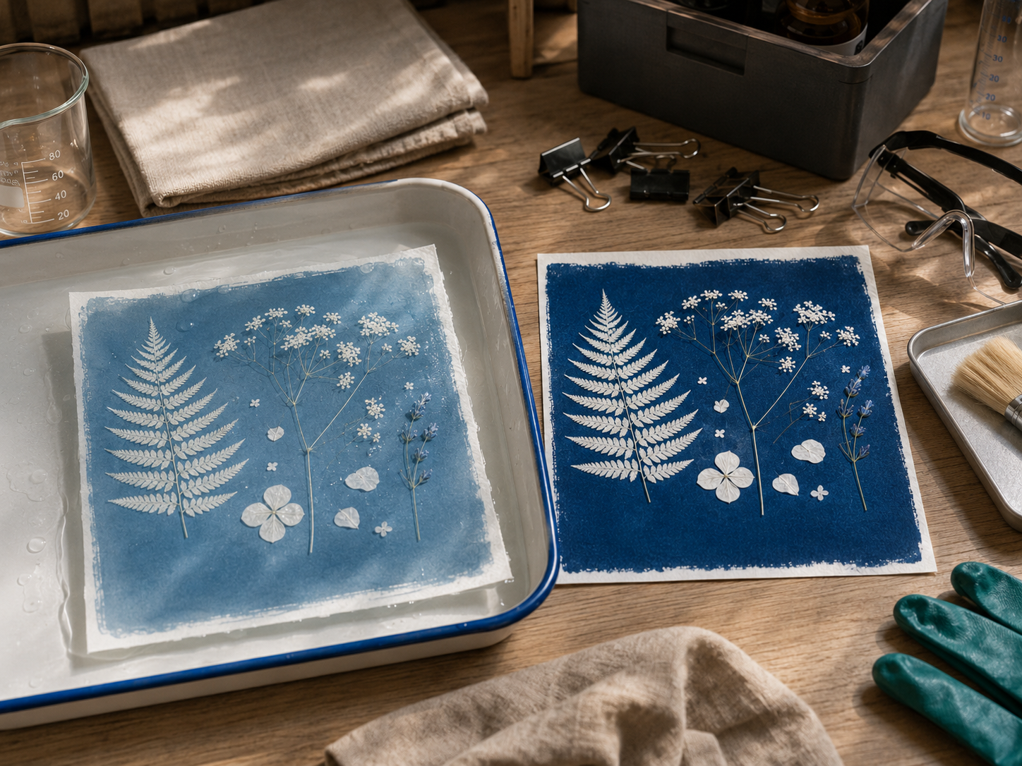 Cyanotypie nach dem Auswaschen – Farbentwicklung bis zum tiefen Preußischblau Vergleich eines frisch ausgewaschenen, noch hellblauen Cyanotypie-Drucks in einer Wasserschale mit einem vollständig getrockneten, intensiv dunkelblauen Druck mit Farnen und Blüten.