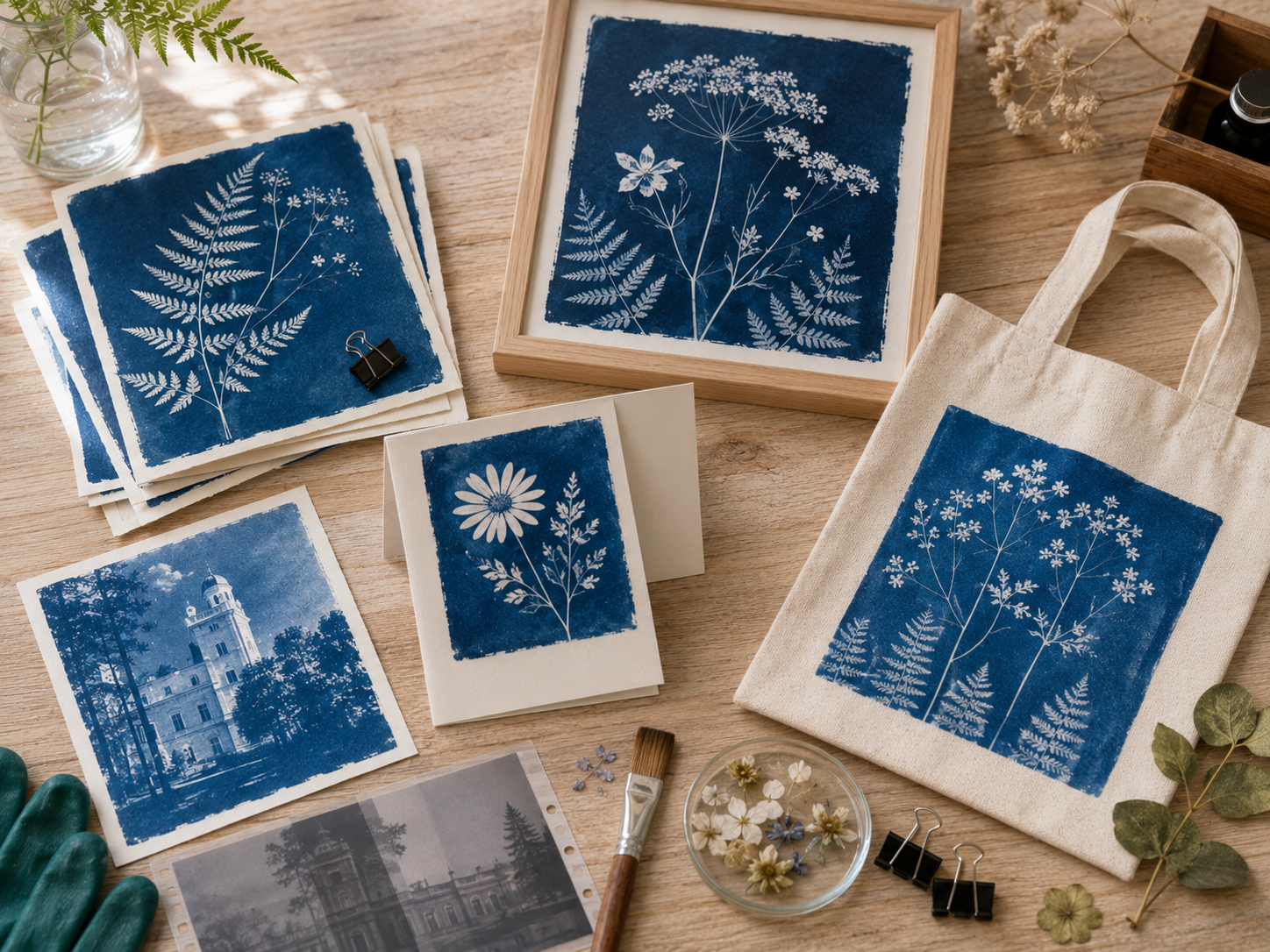 Kreative Cyanotypie-Ideen auf Papier und Stoff Collage verschiedener Cyanotypie-Projekte mit botanischem Kunstdruck im Holzrahmen, Grußkarte, Stoffbeutel, Pflanzenmotiven auf Papier und fotografischer Cyanotypie nach digitalem Negativ.