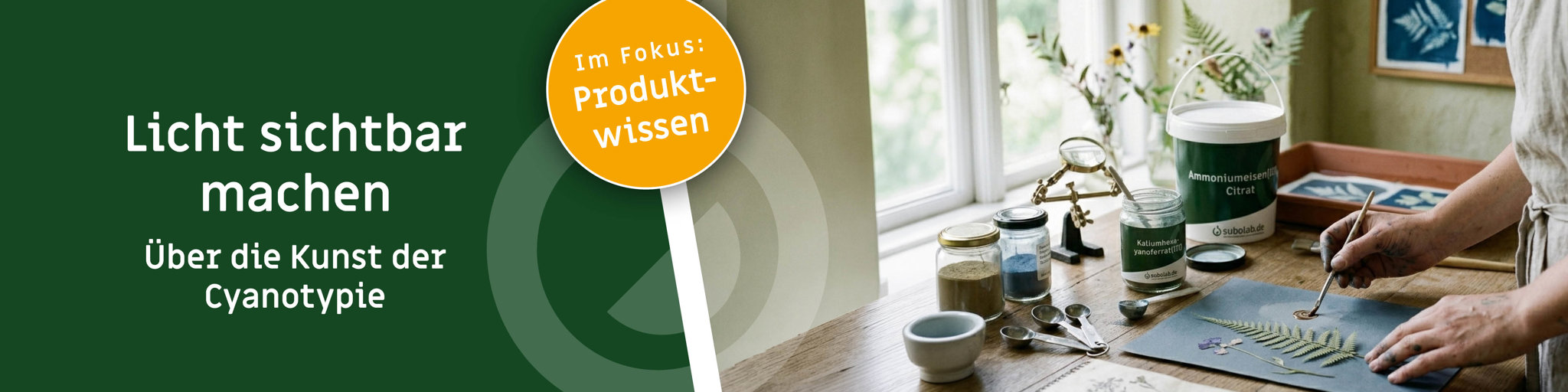 Licht sichtbar machen – Cyanotypie als kreative Kunstform Banner zur Cyanotypie mit dem Text „Licht sichtbar machen“, einer Person beim Gestalten eines botanischen Eisenblaudrucks und SuboLab-Produkten auf einem hellen Arbeitstisch.