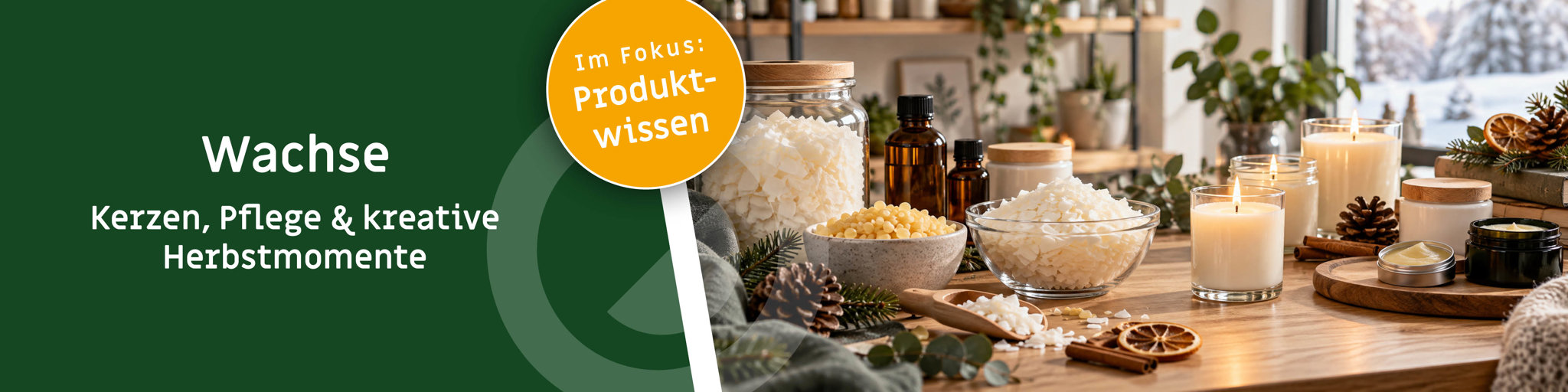 Banner zum Thema Wachse mit Kerzen, Wachspastillen, Pflegeprodukten und winterlicher Dekoration auf Holztisch