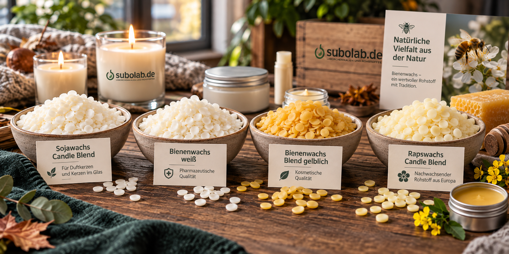 Vier Wachssorten von subolab mit Sojawachs, weißem Bienenwachs, gelblichem Bienenwachs Blend und Rapswachs in winterlicher Kerzen- und Pflegekulisse
